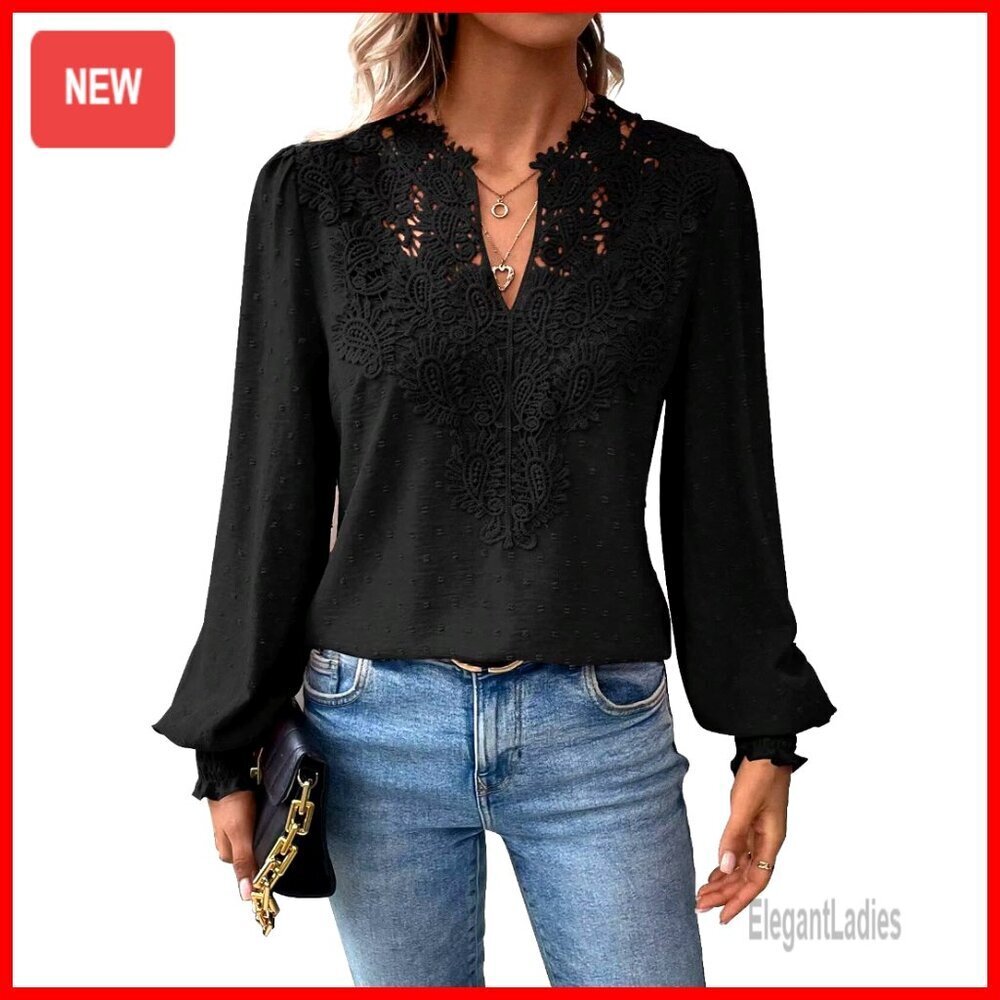 Long Sleeve Chiffon Blouse V Neck Lace Hem Swiss Dot Boho Top